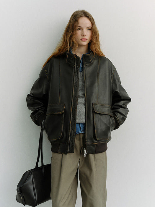 [dunst] UNISEX STAND COLLARED LEATHER BLOUSON BRUSHED BLACK_UDJU6A104BK