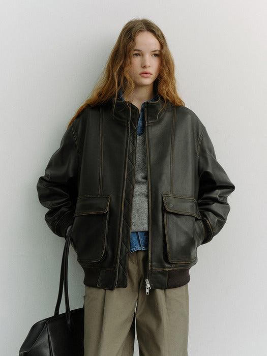 Dunst Unisex Stand Collared Leather Blouson Brushed Black