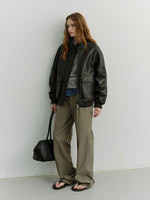 Dunst Unisex Stand Collared Leather Blouson Brushed Black