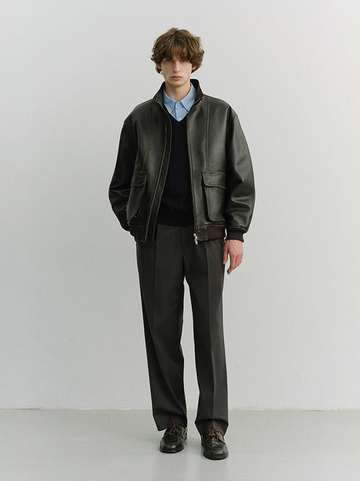 Dunst Unisex Stand Collared Leather Blouson Brushed Black