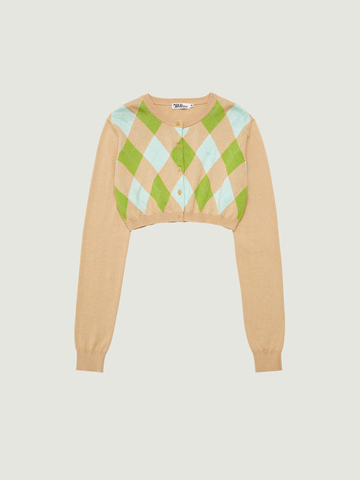 Grove 26Ps Veni Argyle Crop Cardigan (Beige)