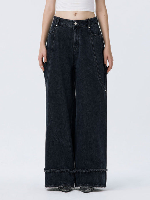 Wconcept_Treemingbird Turn-up Wide Denim Pants [ Navy ]