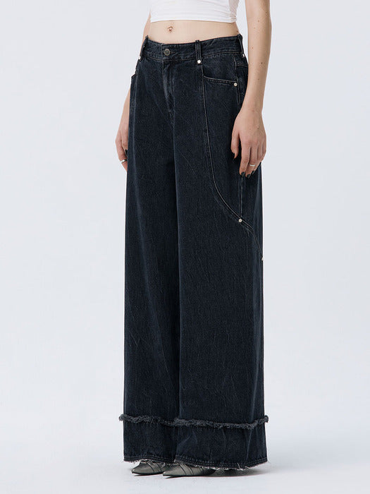 Wconcept_Treemingbird Turn-up Wide Denim Pants [ Navy ]