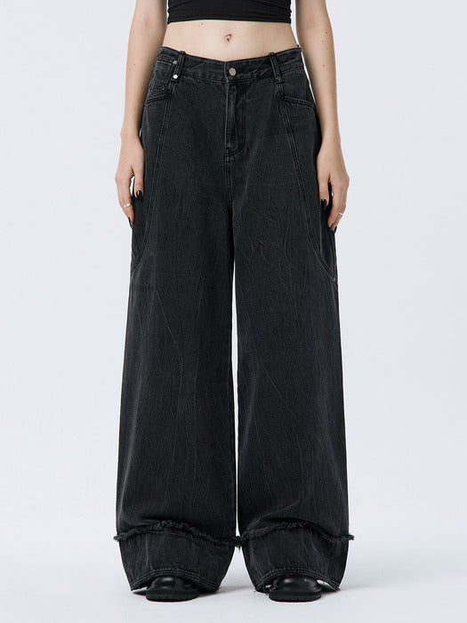 Wconcept_Treemingbird Turn-up Wide Denim Pants [ Black ]