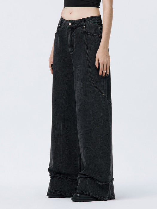 Wconcept_Treemingbird Turn-up Wide Denim Pants [ Black ]