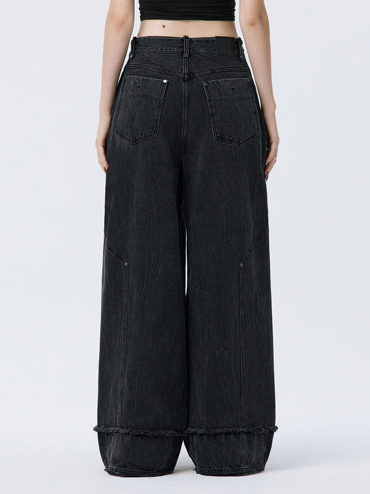 Wconcept_Treemingbird Turn-up Wide Denim Pants [ Black ]