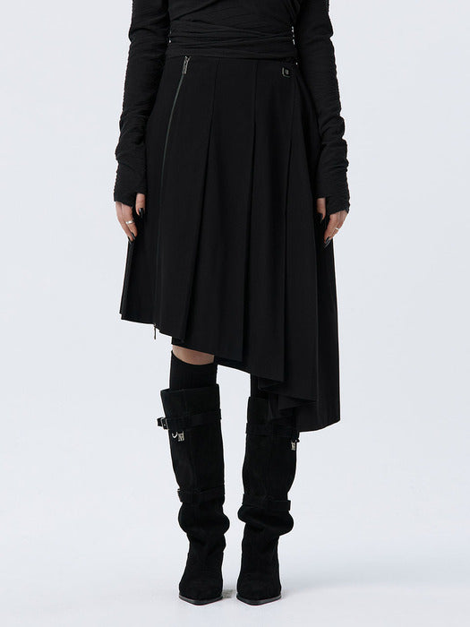 Wconcept_Treemingbird Pleated Asymmetric Skirt [ Black ]