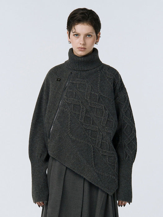 Wconcept_Treemingbird Argyle Cable Zip-up Pullover [ Charcoal ]