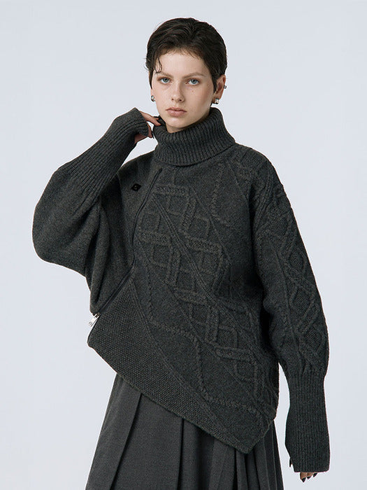 Wconcept_Treemingbird Argyle Cable Zip-up Pullover [ Charcoal ]