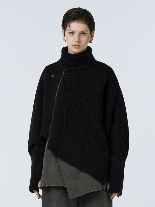 Wconcept_Treemingbird Argyle Cable Zip-up Pullover [ Black ]