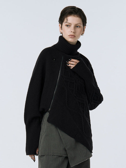 Wconcept_Treemingbird Argyle Cable Zip-up Pullover [ Black ]