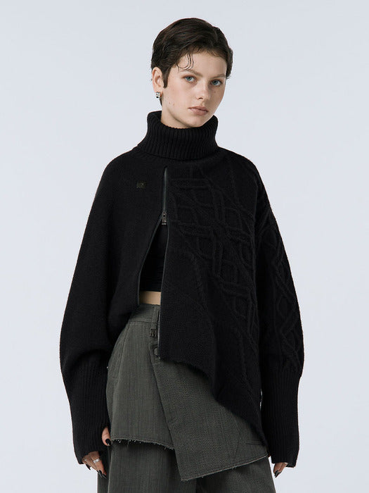 Wconcept_Treemingbird Argyle Cable Zip-up Pullover [ Black ]