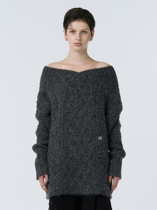 Wconcept_Treemingbird Oversized Off-Shoulder Knit [ Charcoal ]