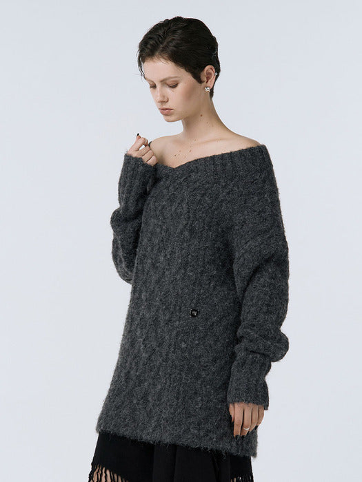 Wconcept_Treemingbird Oversized Off-Shoulder Knit [ Charcoal ]