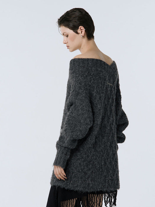Wconcept_Treemingbird Oversized Off-Shoulder Knit [ Charcoal ]