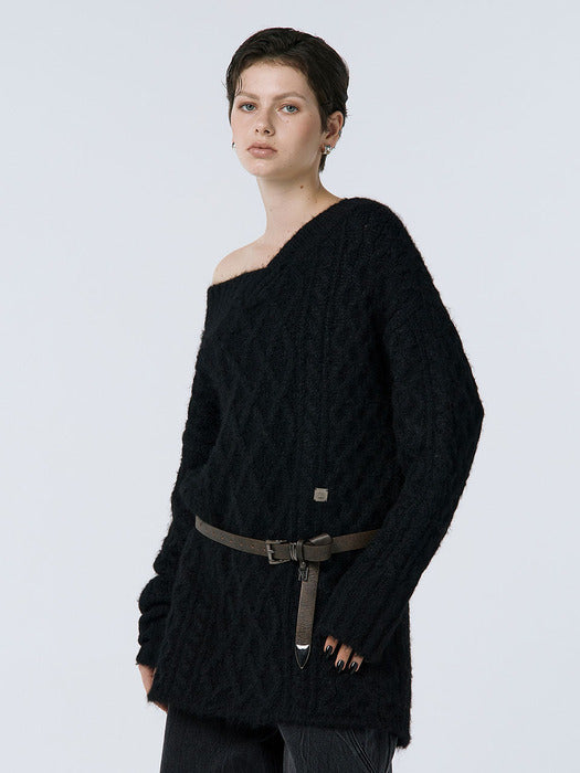 Wconcept_Treemingbird Oversized Off-Shoulder Knit [ Black ]