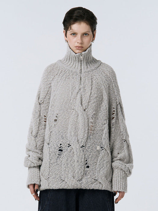 Wconcept_Treemingbird Cable Knit Anorak Pullover [ Light Gray ]