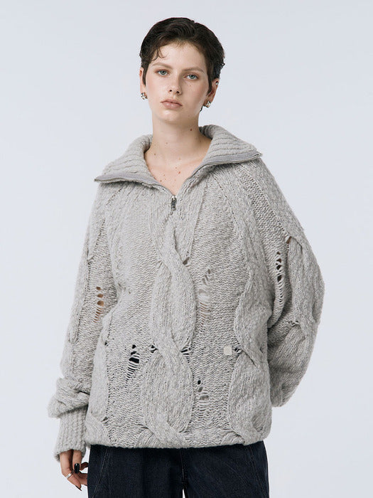 Wconcept_Treemingbird Cable Knit Anorak Pullover [ Light Gray ]