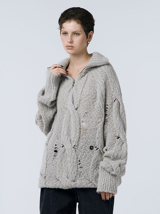Wconcept_Treemingbird Cable Knit Anorak Pullover [ Light Gray ]