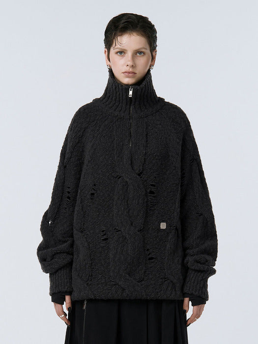 Wconcept_Treemingbird Cable Knit Anorak Pullover [ Charcoal ]