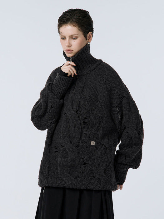 Wconcept_Treemingbird Cable Knit Anorak Pullover [ Charcoal ]
