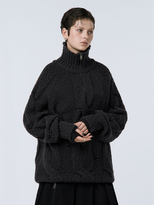Wconcept_Treemingbird Cable Knit Anorak Pullover [ Charcoal ]
