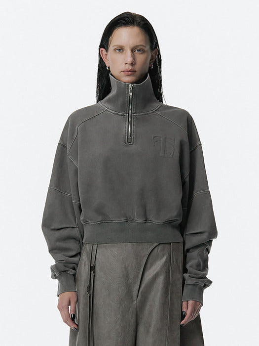 Wconcept_Treemingbird Embossed High-Neck Short Zip-up [ Charcoal ]