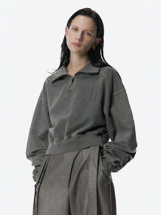 Wconcept_Treemingbird Embossed High-Neck Short Zip-up [ Charcoal ]