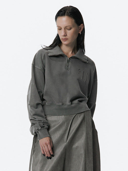 Wconcept_Treemingbird Embossed High-Neck Short Zip-up [ Charcoal ]