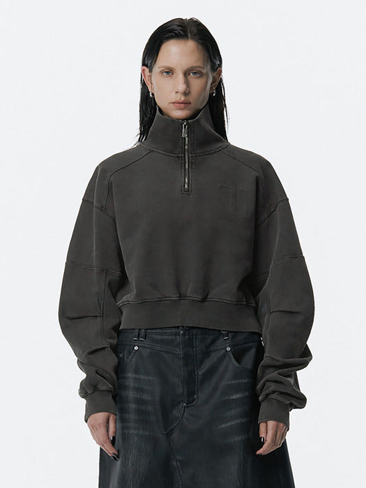 Wconcept_Treemingbird Embossed High-Neck Short Zip-up [ Black ]