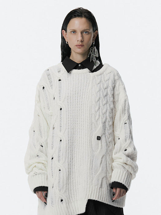 Wconcept_Treemingbird Mixed Cable Knit Pullover [ Ivory ]