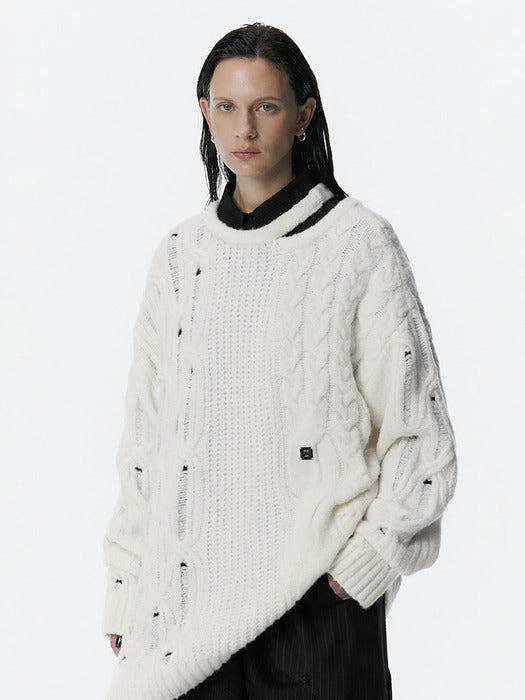 Wconcept_Treemingbird Mixed Cable Knit Pullover [ Ivory ]