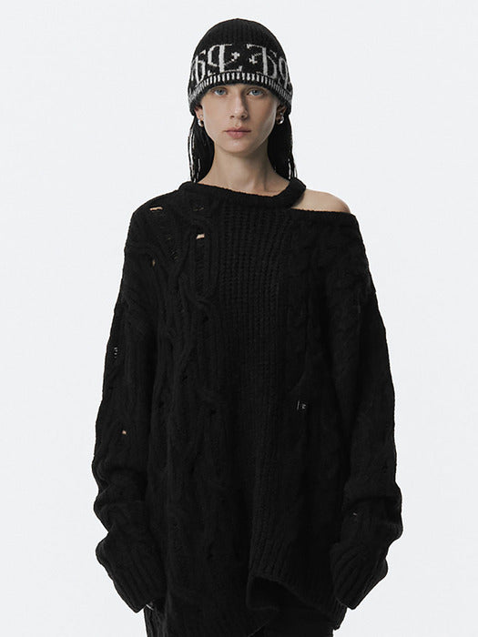 Wconcept_Treemingbird Mixed Cable Knit Pullover [ Black ]