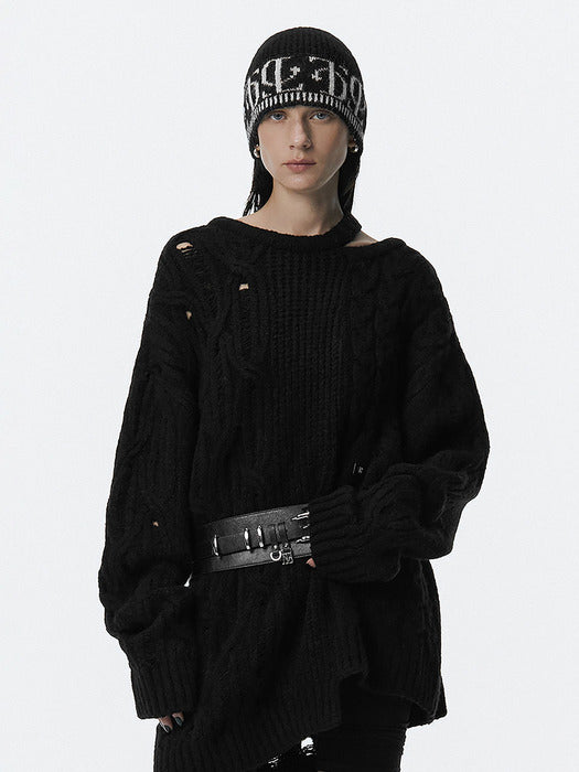 Wconcept_Treemingbird Mixed Cable Knit Pullover [ Black ]