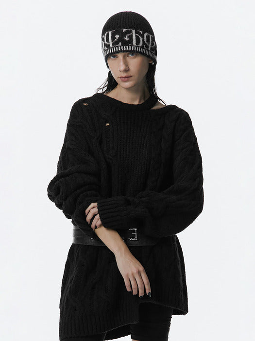 Wconcept_Treemingbird Mixed Cable Knit Pullover [ Black ]