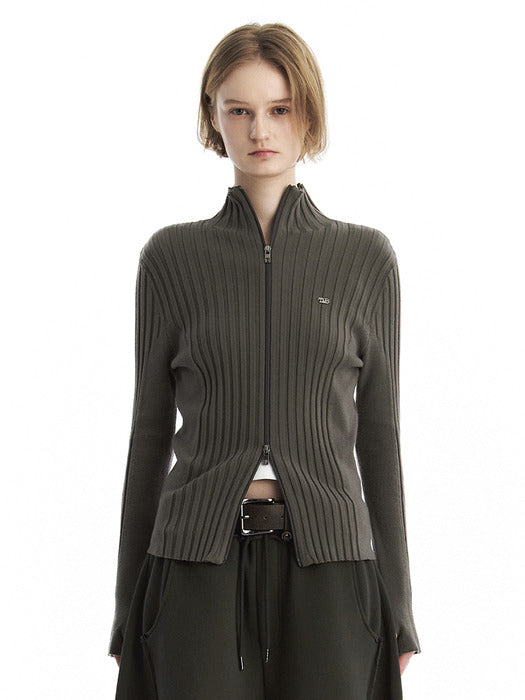 Wconcept_Treemingbird Tmb High-Neck Knit Zip-Up Cardigan [ Khaki Gray ]
