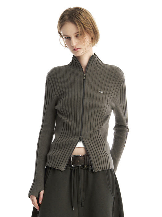 Wconcept_Treemingbird Tmb High-Neck Knit Zip-Up Cardigan [ Khaki Gray ]