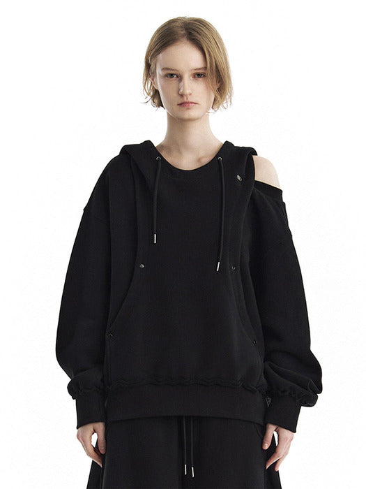 Wconcept_Treemingbird Tmb One-Shoulder Raw Cut Set-Up Hoodie [ Black ]