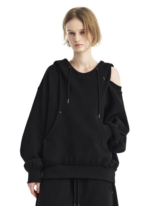 Wconcept_Treemingbird Tmb One-Shoulder Raw Cut Set-Up Hoodie [ Black ]