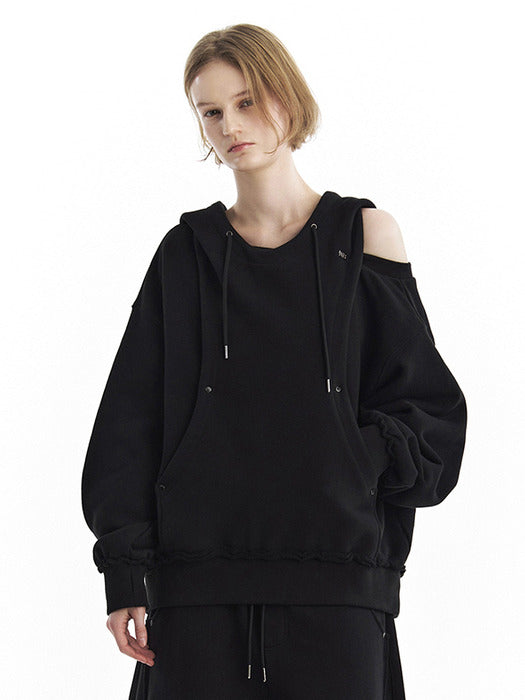 Wconcept_Treemingbird Tmb One-Shoulder Raw Cut Set-Up Hoodie [ Black ]