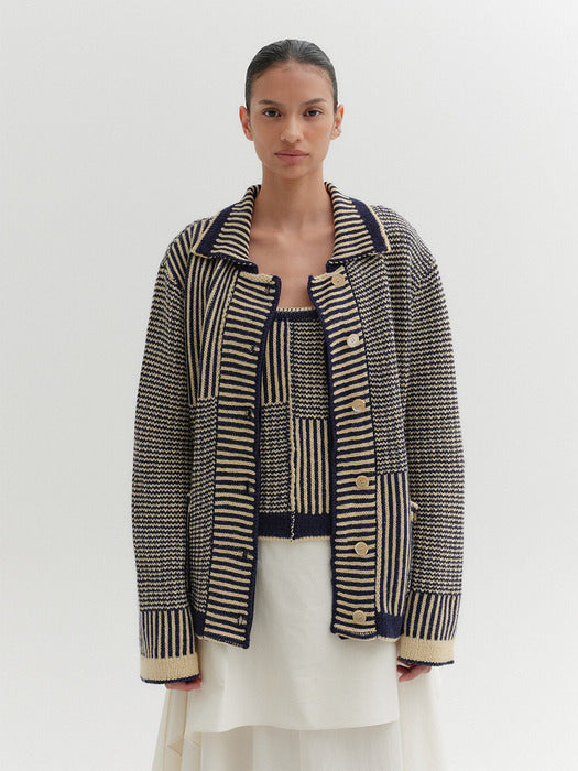 Eenk Texture Stripe Knitwear Cardigan - Navy/Beige