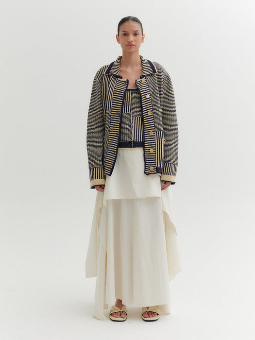 Eenk Texture Stripe Knitwear Cardigan - Navy/Beige