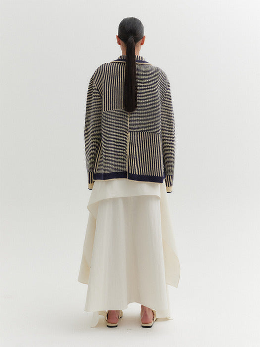 Eenk Texture Stripe Knitwear Cardigan - Navy/Beige