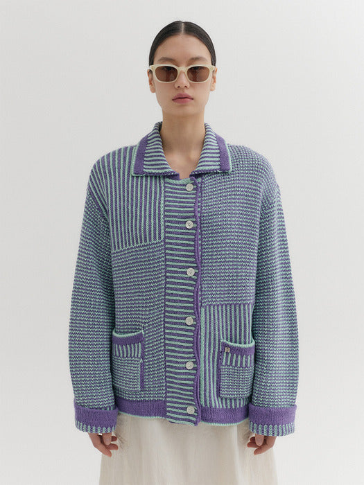 [EENK] Textured Stripe Knitwear Cardigan - Violet