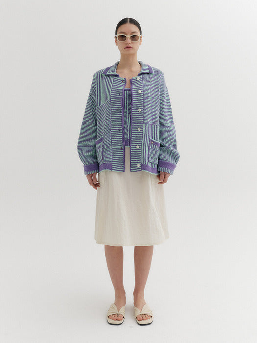 [EENK] Textured Stripe Knitwear Cardigan - Violet