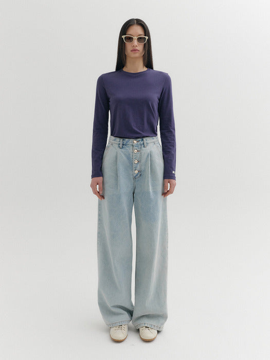 Eenk High Button Wide Denim - Light Blue