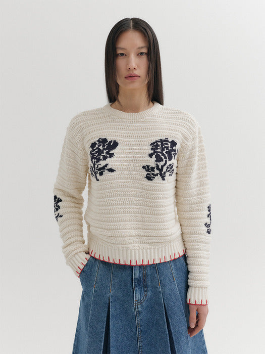 Eenk Floral Jacquard Knitwear Top - Ivory