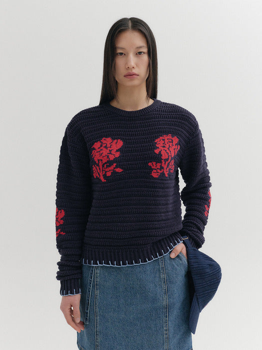 Eenk Floral Jacquard Knitwear Top - Navy