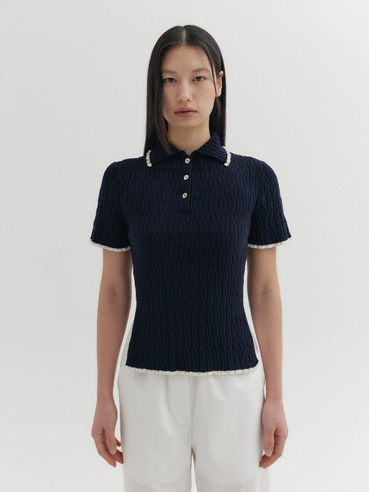 Eenk Contrast Half Sleeve Knitwear Top - Navy