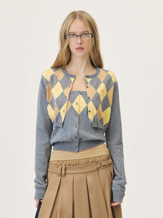 Grove 26Ps Veni Argyle Crop Cardigan (Gray)